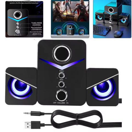電腦專用USB LED音箱系統，配備重低音、立體聲和低音控制，適用於桌上型電腦、筆記型電腦和便攜式音箱。